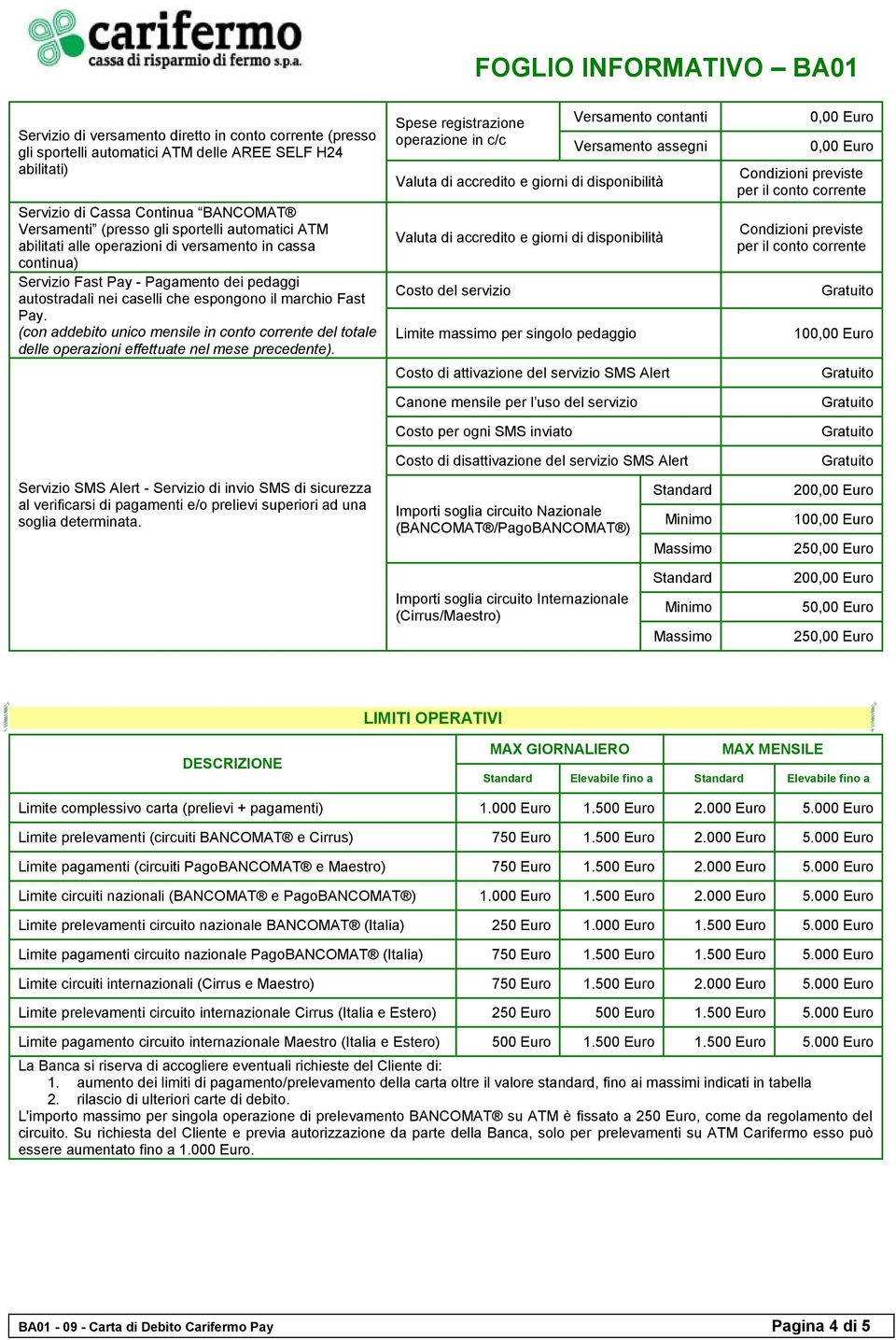 (con addebito unico mensile in conto corrente del totale delle operazioni effettuate nel mese precedente).