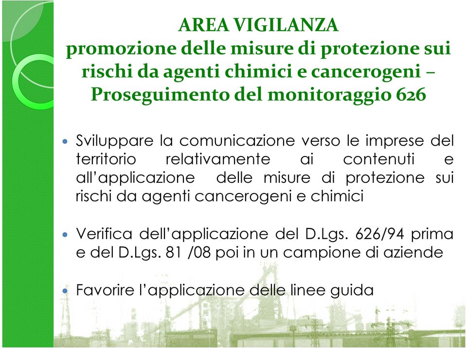 all applicazione delle misure di protezione sui rischi da agenti cancerogeni e chimici Verifica dell