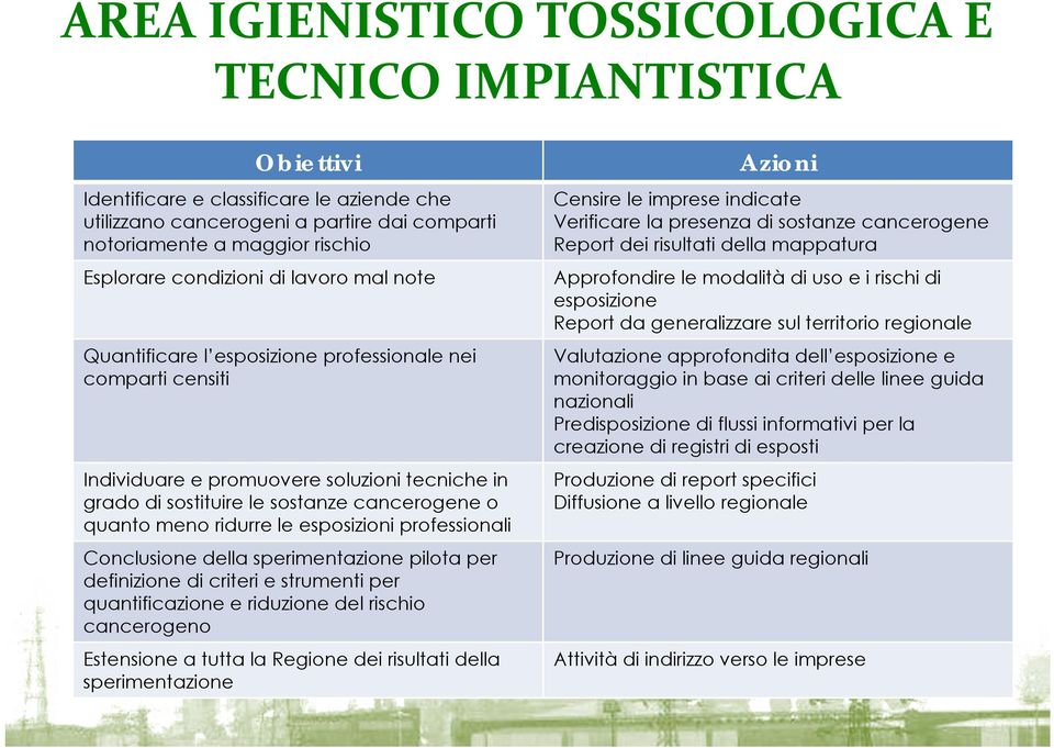 ridurre le esposizioni professionali Conclusione della sperimentazione pilota per definizione di criteri e strumenti per quantificazione e riduzione del rischio cancerogeno Estensione a tutta la