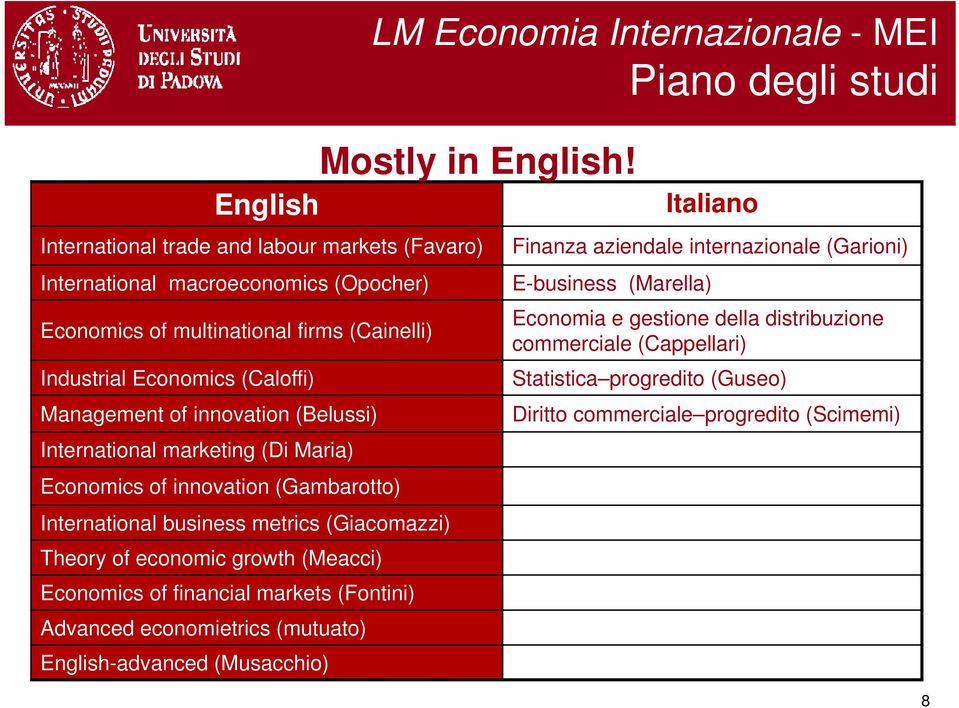 financial markets (Fontini) Advanced economietrics (mutuato) English-advanced (Musacchio) LM Economia Internazionale - MEI Piano degli studi Mostly in English!