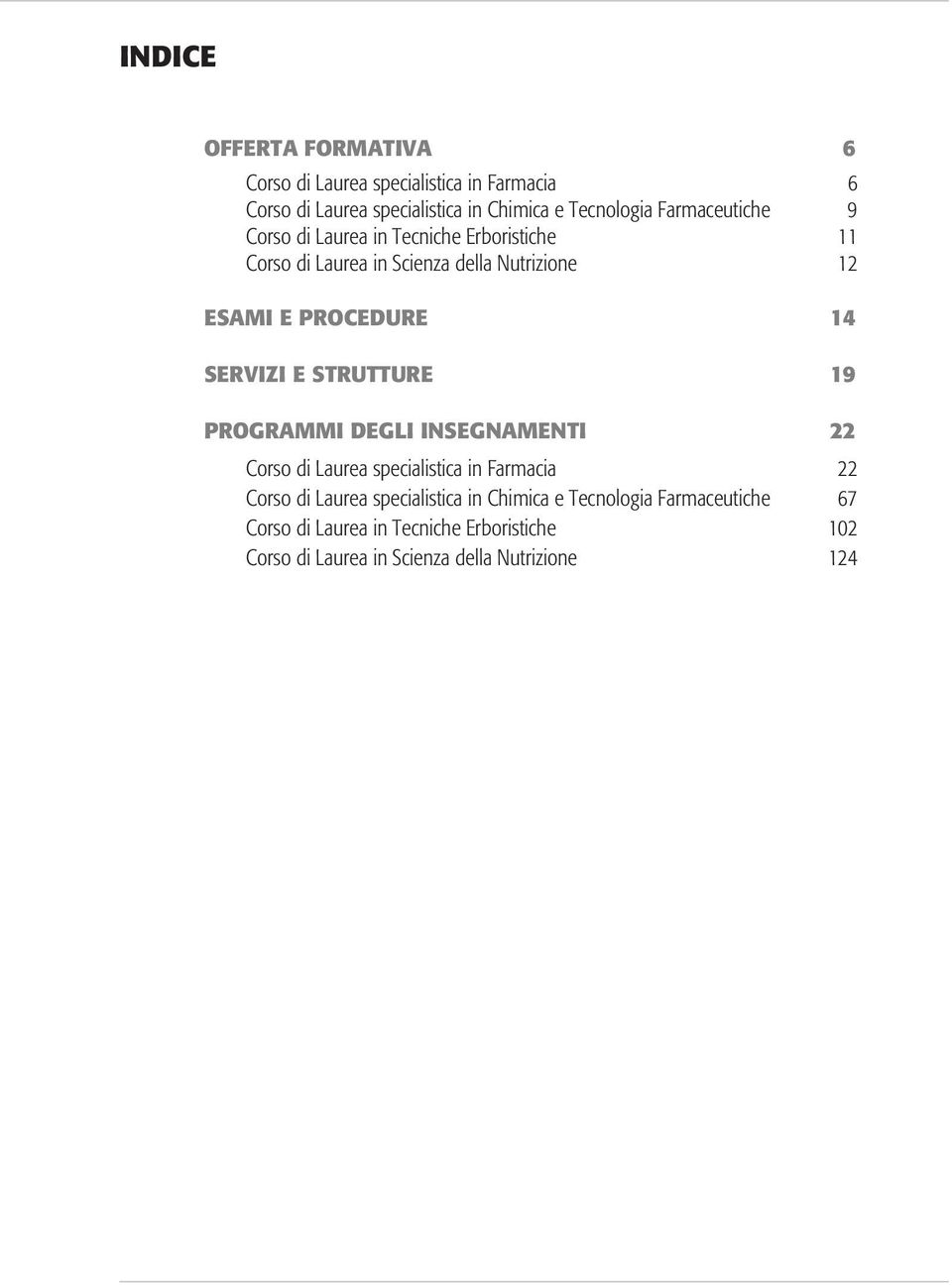 Servizi e strutture 19 Programmi degli insegnamenti 22 Corso di Laurea specialistica in Farmacia 22 Corso di Laurea