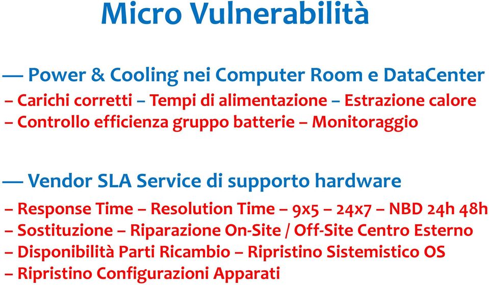 supporto hardware Response Time Resolution Time 9x5 24x7 NBD 24h 48h Sostituzione Riparazione On-Site /