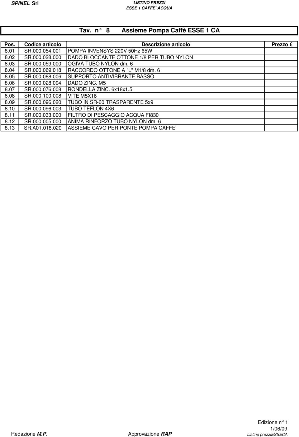 000.028.004 DADO ZINC. M5 8.07 SR.000.076.008 RONDELLA ZINC. 6x18x1.5 8.08 SR.000.100.008 VITE M5X16 8.09 SR.000.096.020 TUBO IN SR-60 TRASPARENTE 5x9 8.10 SR.000.096.003 TUBO TEFLON 4X6 8.11 SR.000.033.