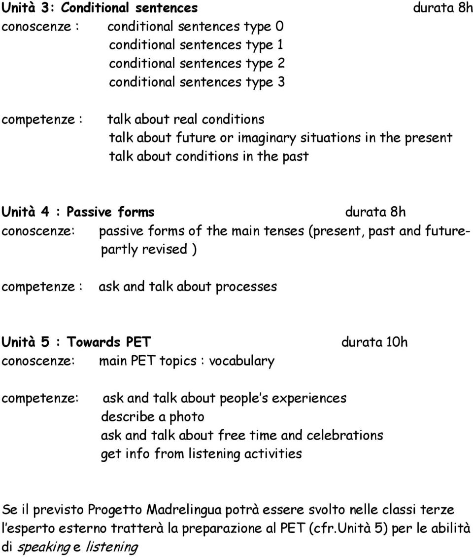 futurepartly revised ) competenze : ask and talk about processes Unità 5 : Towards PET conoscenze: main PET topics : vocabulary durata 10h competenze: ask and talk about people s experiences describe