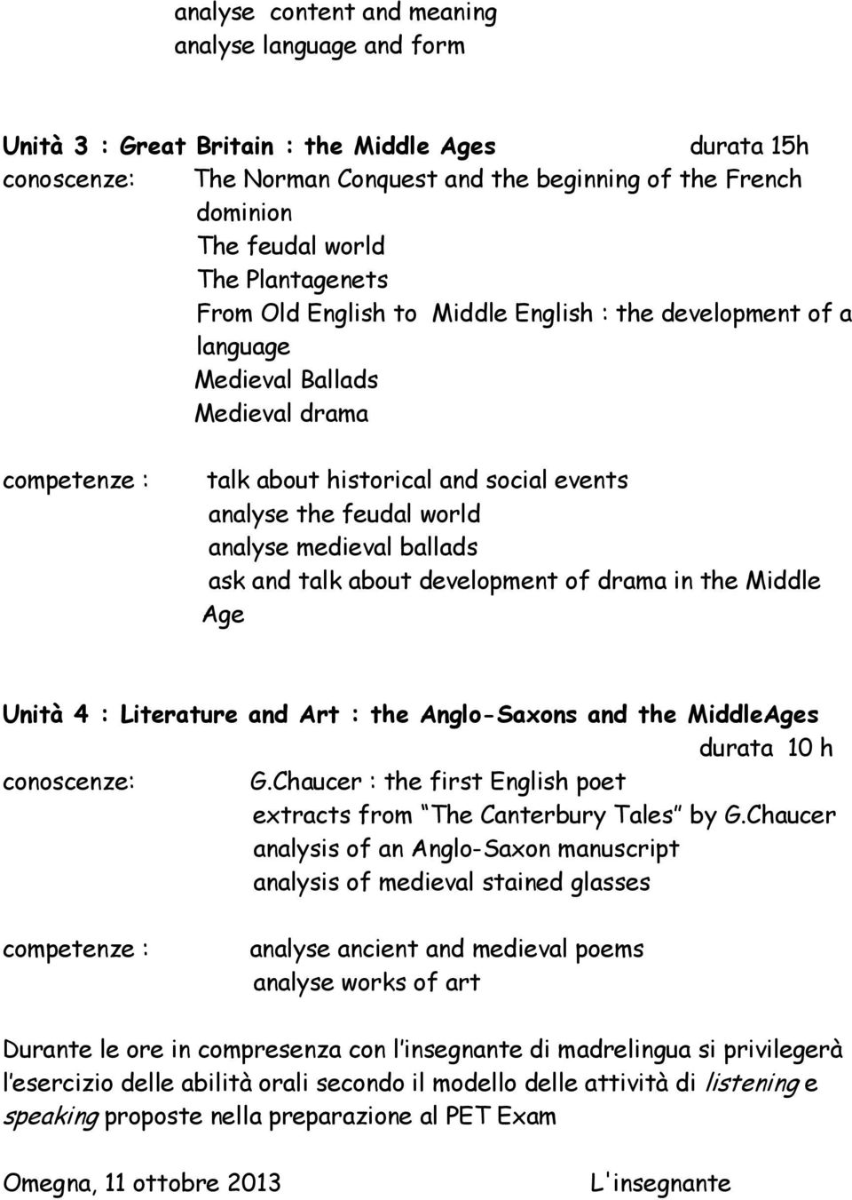 analyse medieval ballads ask and talk about development of drama in the Middle Age Unità 4 : Literature and Art : the Anglo-Saxons and the MiddleAges durata 10 h conoscenze: G.