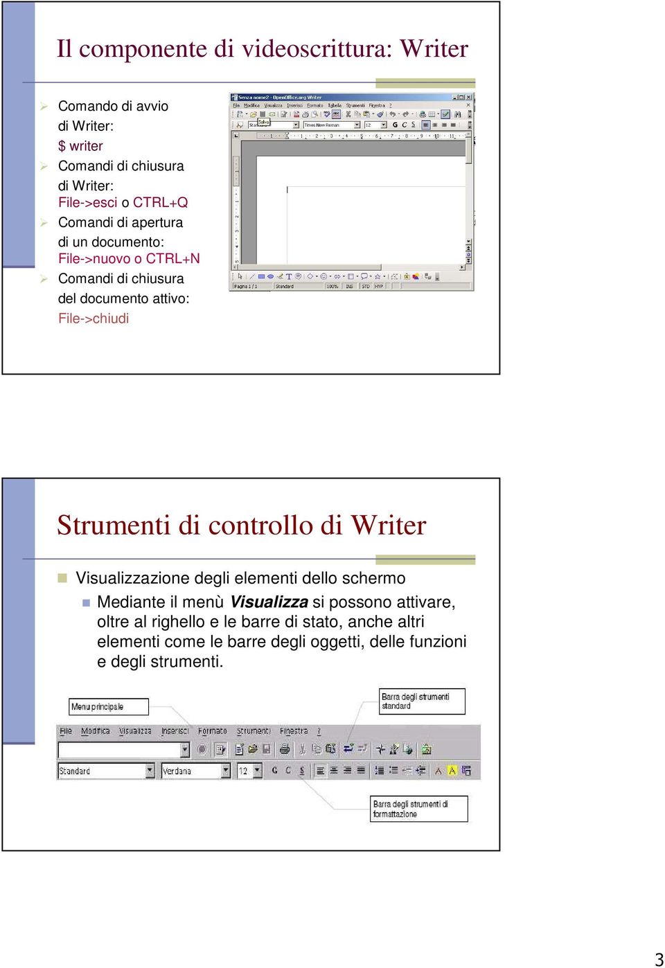 Strumenti di controllo di Writer Visualizzazione degli elementi dello schermo Mediante il menù Visualizza si possono
