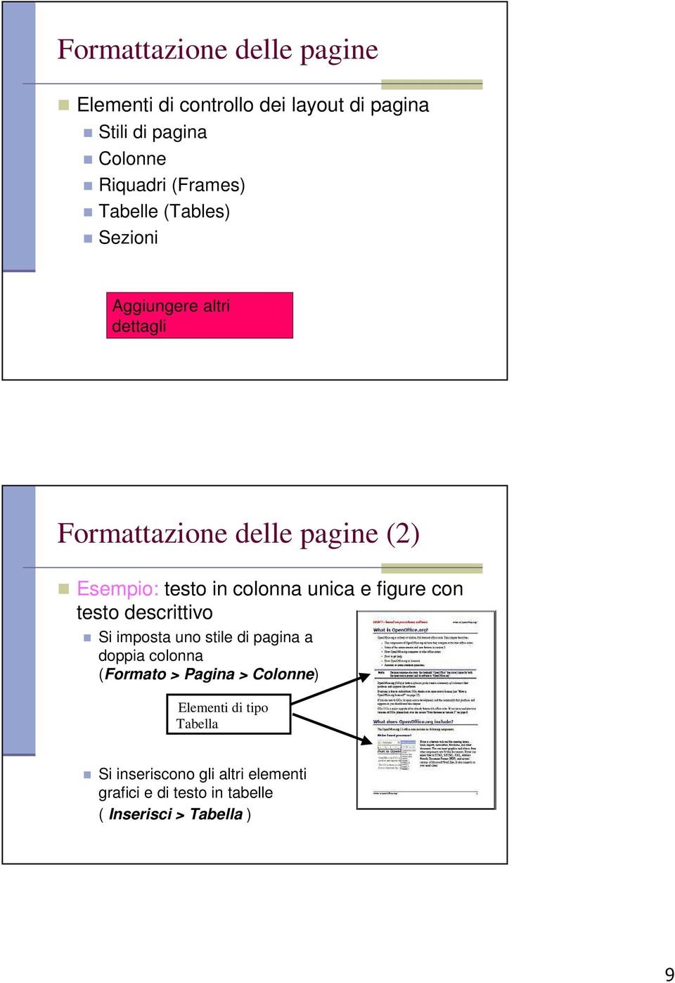 unica e figure con testo descrittivo Si imposta uno stile di pagina a doppia colonna (Formato > Pagina >