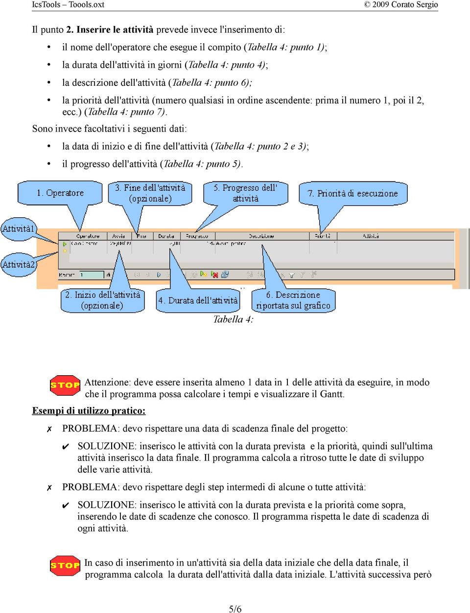 dell'attività (Tabella 4: punto 6); la priorità dell'attività (numero qualsiasi in ordine ascendente: prima il numero 1, poi il 2, ecc.) (Tabella 4: punto 7).