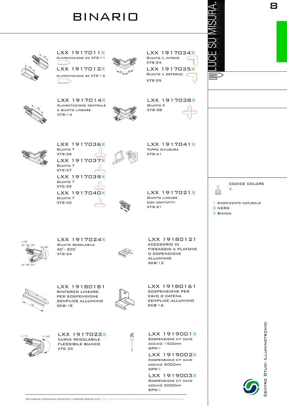 XTS-41 LXX 1917021X Giunto lineare con contattti XTS-21 CODICE COLORE X 1 Anodizzato naturale 2 NERO 3 Bianco LXX 1917024X Giunto regolabile 60-300 XTS-24 LXX 19180121 ACESSORIO DI FISSAGGIO A