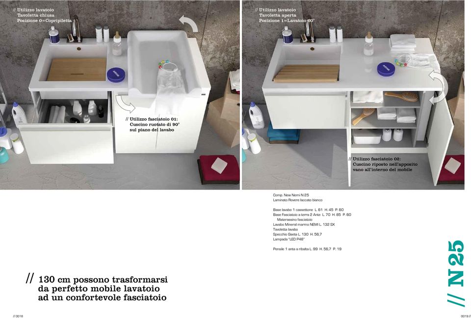 New Nemi N 25 Laminato Rovere laccato bianco 130 cm possono trasformarsi da perfetto mobile lavatoio ad un confortevole fasciatoio Base lavabo 1 cassettone L. 61 H. 45 P.