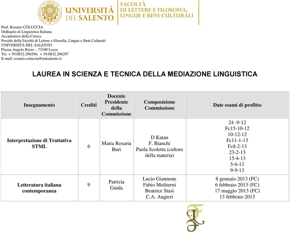 Bianchi Paola Scoletta (cultore materia) 24-9-12 Fc15-10-12 10-12-12 Fc11-1-13 Fc8-2-13 23-2-13 15-4-13 5-6-13 9-9-13