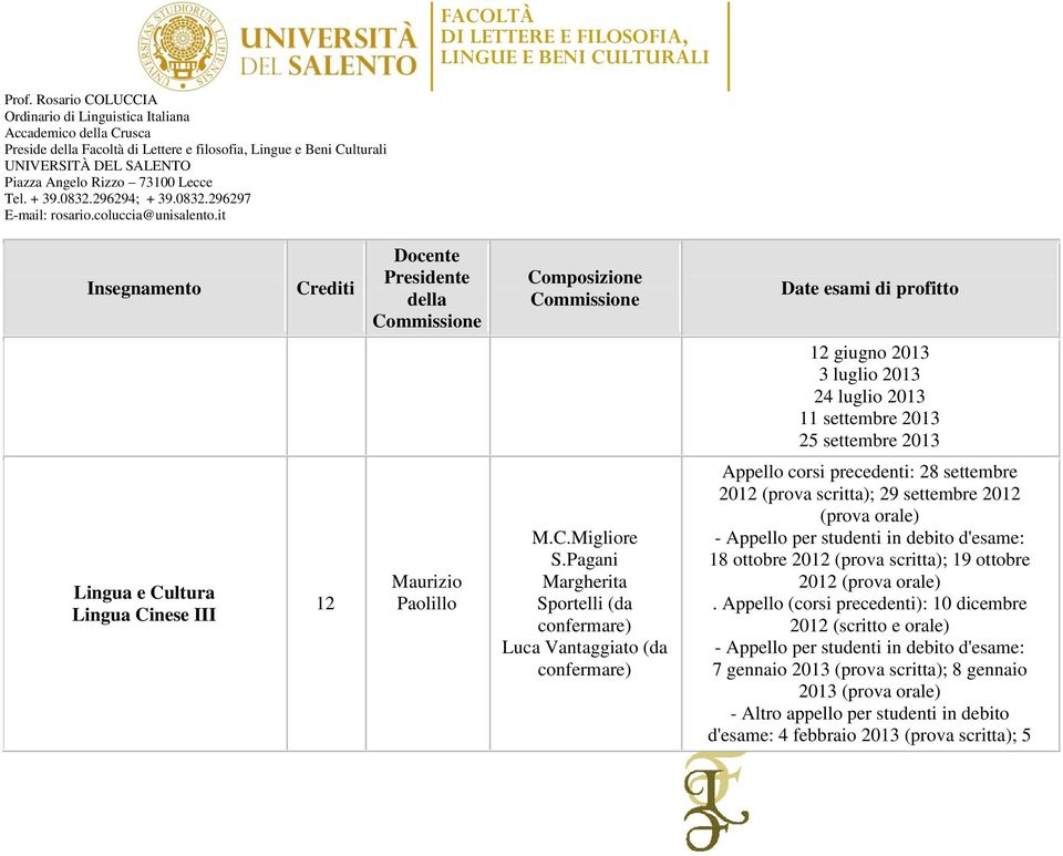 Pagani Margherita Sportelli (da confermare) Luca Vantaggiato (da confermare) Appello corsi precedenti: 28 settembre 2012 (prova scritta); 29 settembre 2012 (prova orale) - Appello per