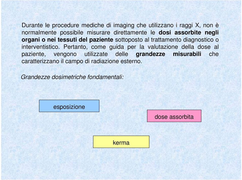 Pertanto, come guida per la valutazione della dose al paziente, vengono utilizzate delle grandezze misurabili che