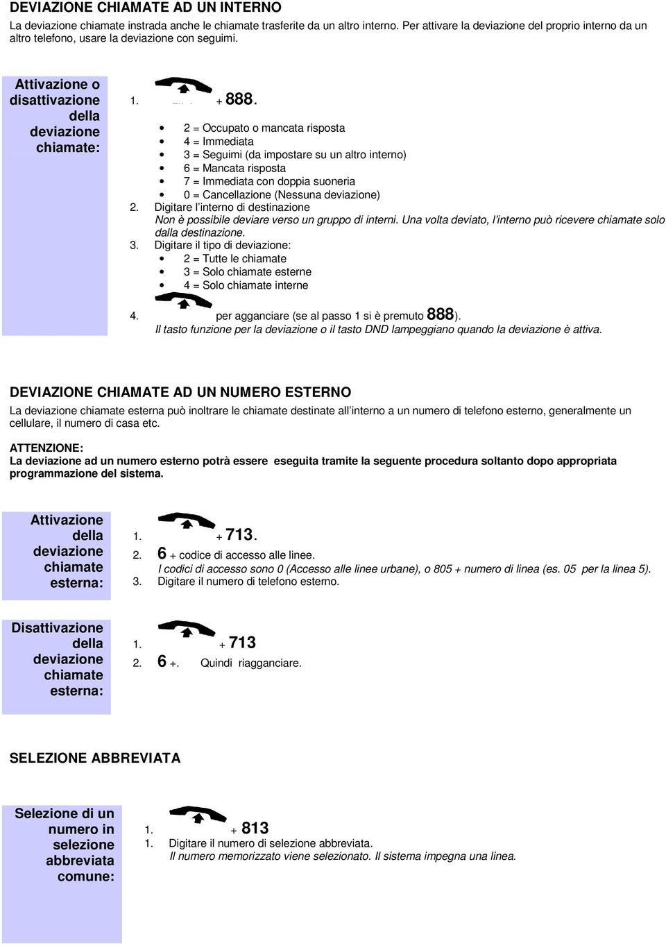 2 = Occupato o mancata risposta 4 = Immediata 3 = Seguimi (da impostare su un altro interno) 6 = Mancata risposta 7 = Immediata con doppia suoneria 0 = Cancellazione (Nessuna deviazione) 2.