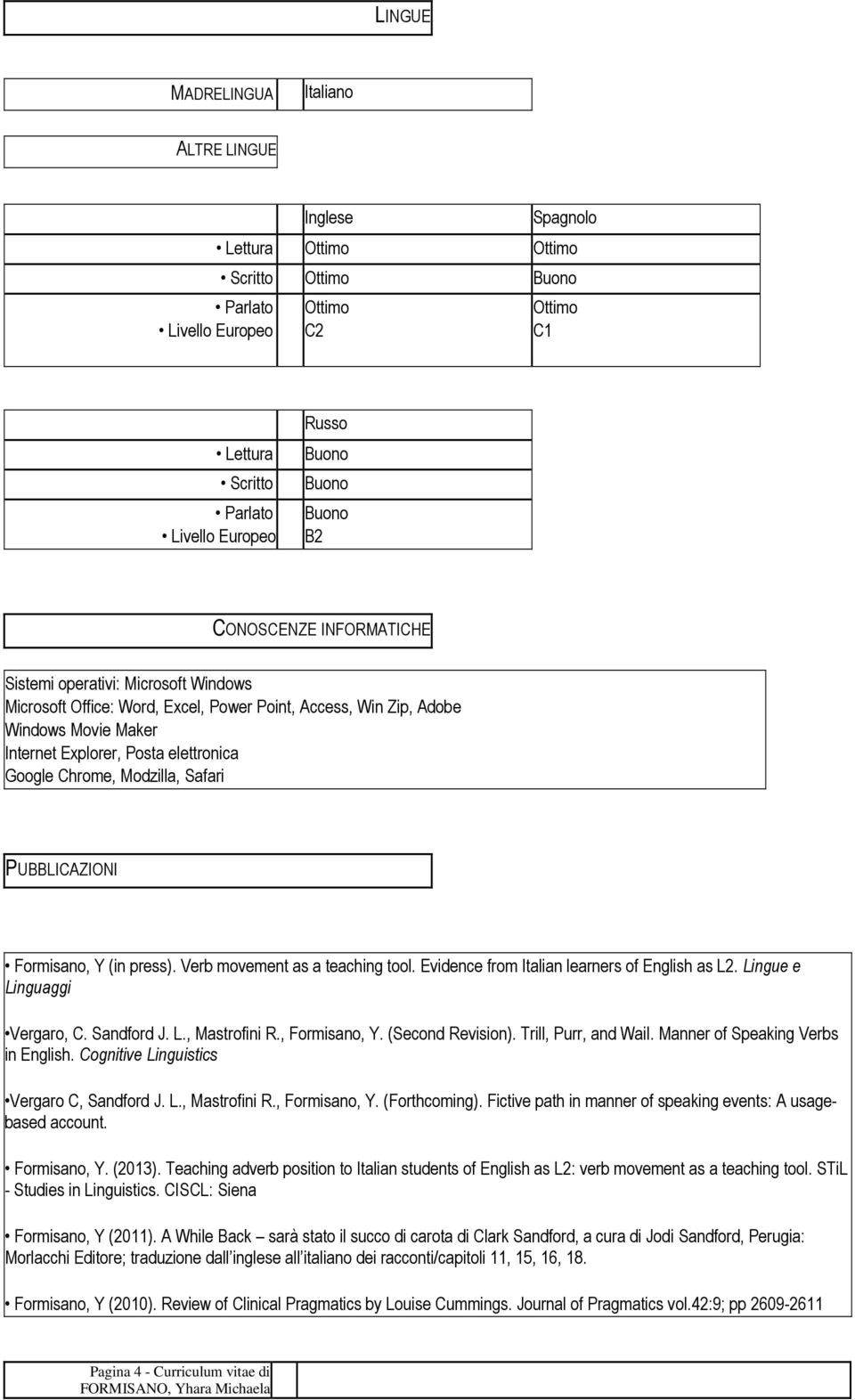 Google Chrome, Modzilla, Safari PUBBLICAZIONI Formisano, Y (in press). Verb movement as a teaching tool. Evidence from Italian learners of English as L2. Lingue e Linguaggi Vergaro, C. Sandford J. L., Mastrofini R.