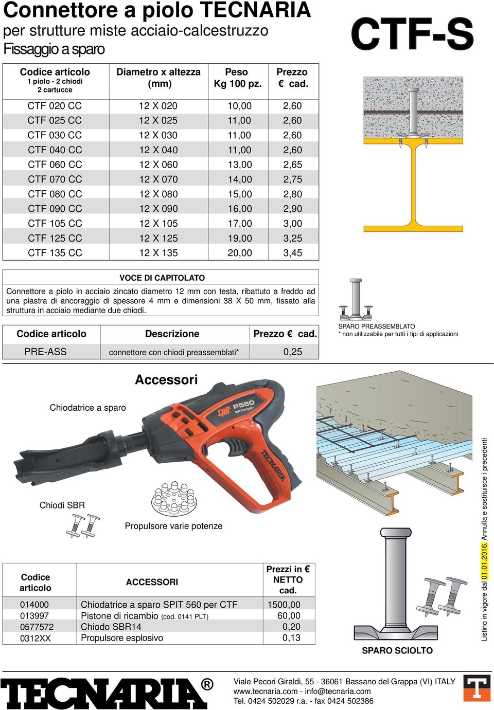 X 080 15,00 2,80 CTF 090 CC 12 X 090 16,00 2,90 CTF 105 CC 12 X 105 17,00 3,00 CTF 125 CC 12 X 125 19,00 3,25 CTF 135 CC 12 X 135 20,00 3,45 Connettore a piolo in acciaio zincato diametro 12 mm con