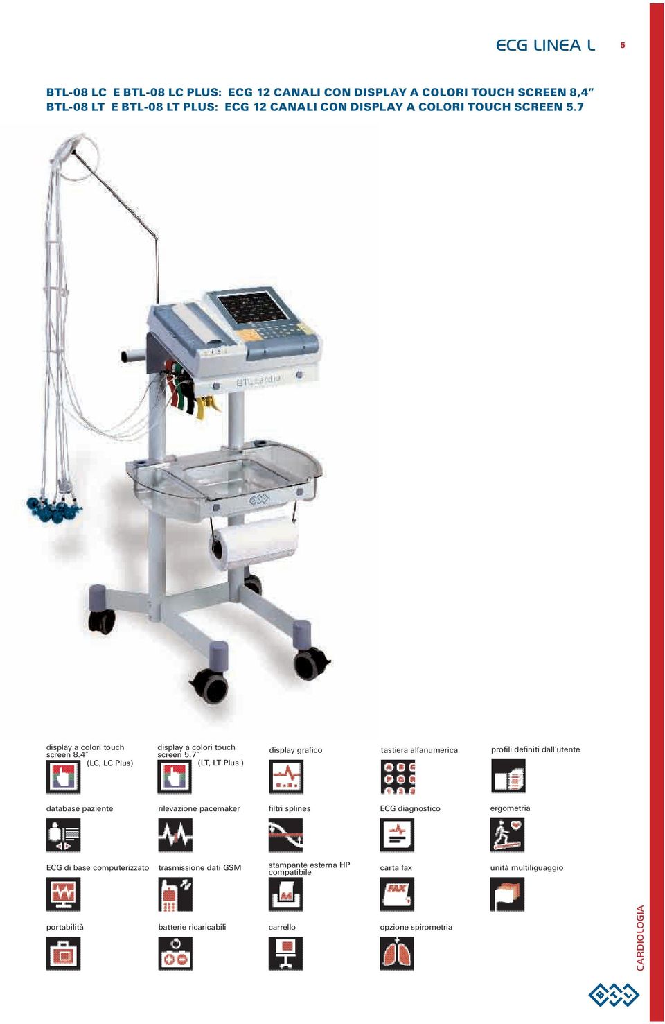 7 (LT, LT Plus ) display grafico tastiera alfanumerica profili definiti dall utente database paziente rilevazione pacemaker filtri splines ECG diagnostico