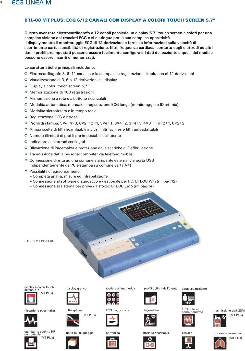 Il display mostra il monitoraggio ECG di 12 derivazioni e fornisce informazioni sulla velocità di scorrimento carta, sensibilità di registrazione, filtri, frequenza cardiaca, contatto degli elettrodi