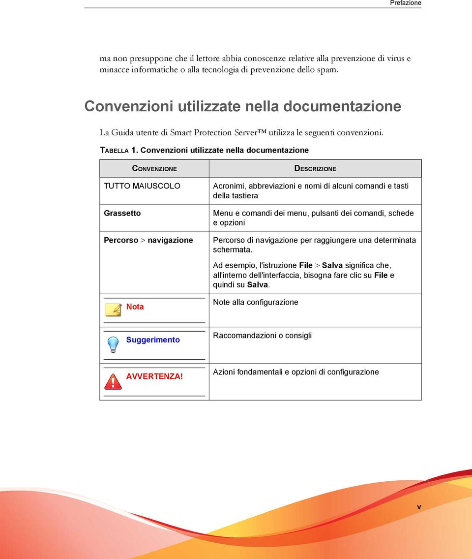 Convenzioni utilizzate nella documentazione CONVENZIONE TUTTO MAIUSCOLO Grassetto Percorso > navigazione Nota DESCRIZIONE Acronimi, abbreviazioni e nomi di alcuni comandi e tasti della tastiera Menu