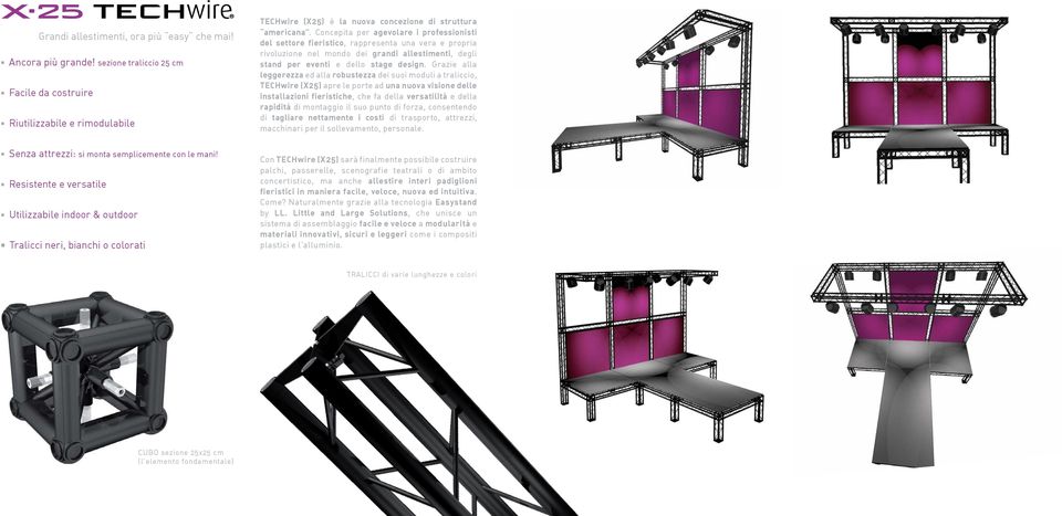 Grazie alla leggerezza ed alla robustezza dei suoi moduli a traliccio, TECHwire (X25) apre le porte ad una nuova visione delle installazioni fieristiche, che fa della versatilità e della rapidità di