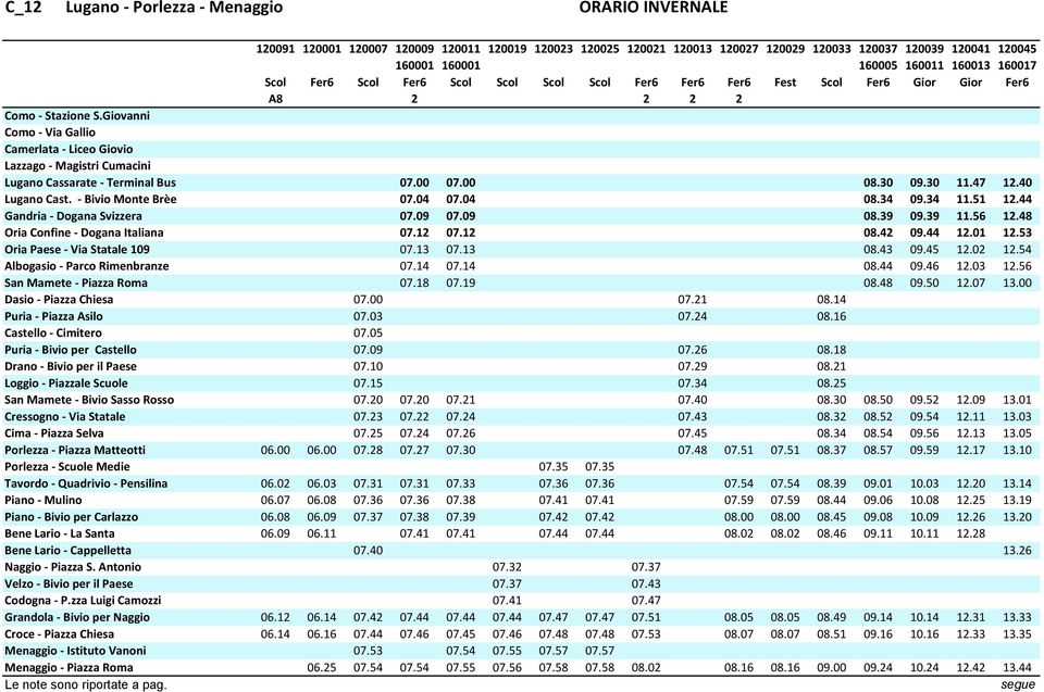 Giovanni Como - Via Gallio Lazzago - Magistri Cumacini Lugano Cassarate - Terminal Bus 07.00 07.00 08.30 09.30 11.47 12.40 Lugano Cast. - Bivio Monte Brèe 07.04 07.04 08.34 09.34 11.51 12.