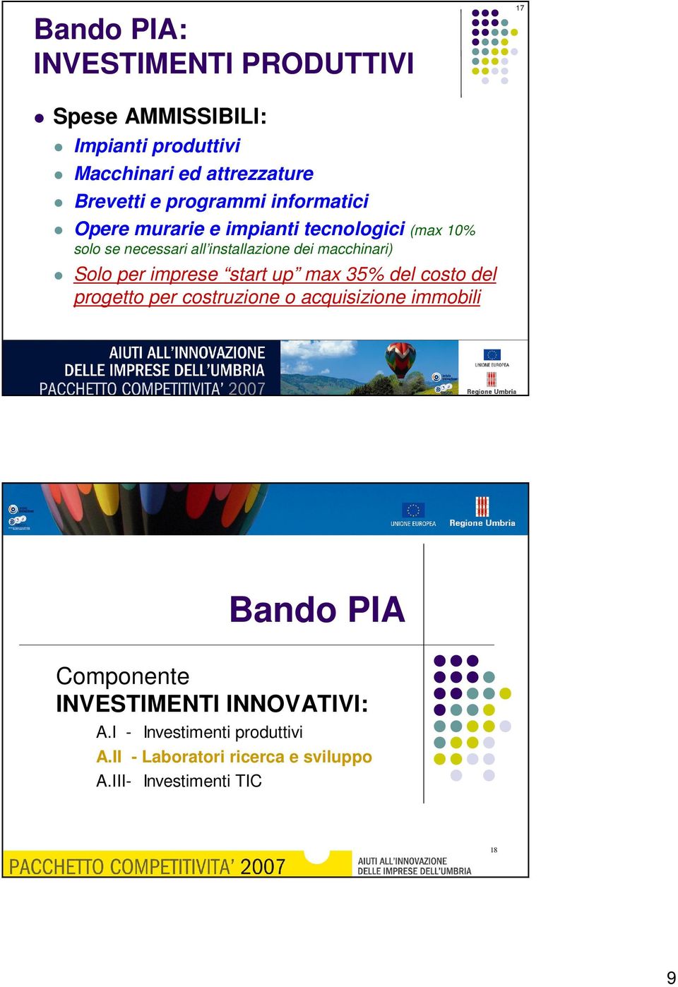 macchinari) Solo per imprese start up max 35% del costo del progetto per costruzione o acquisizione immobili Bando PIA