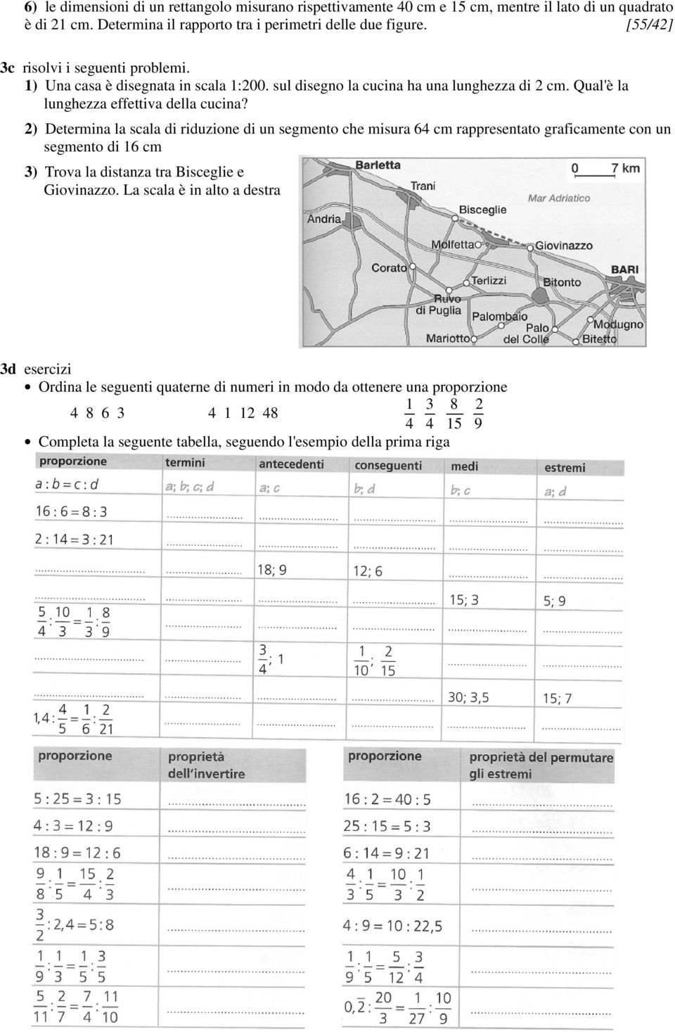 2) Determina la scala di riduzione di un segmento che misura 64 cm rappresentato graficamente con un segmento di 16 cm 3) Trova la distanza tra Bisceglie e Giovinazzo.