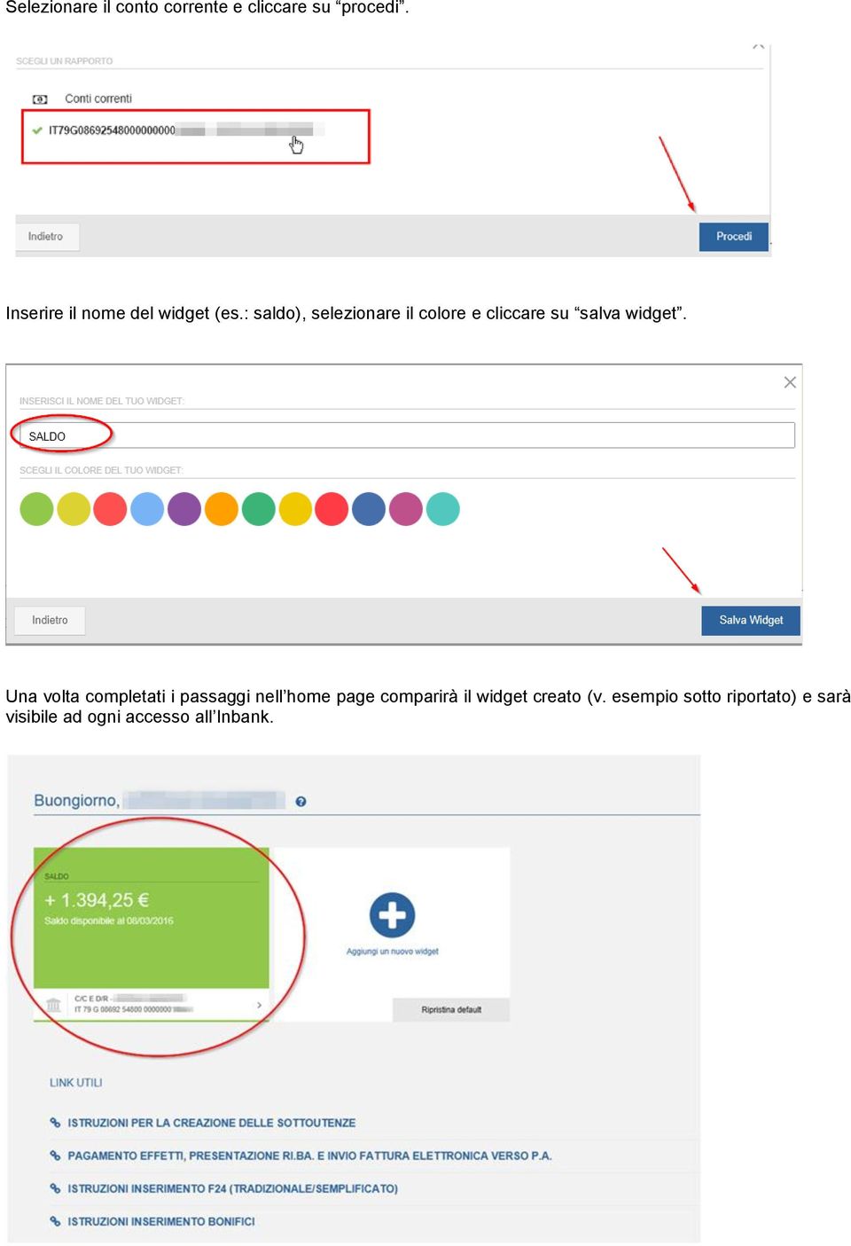 : saldo), selezionare il colore e cliccare su salva widget.