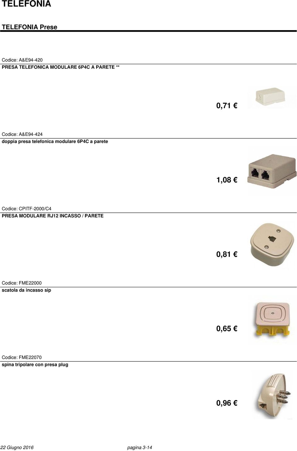 CPITF-2000/C4 PRESA MODULARE RJ12 INCASSO / PARETE 0,81 Codice: FME22000 scatola da