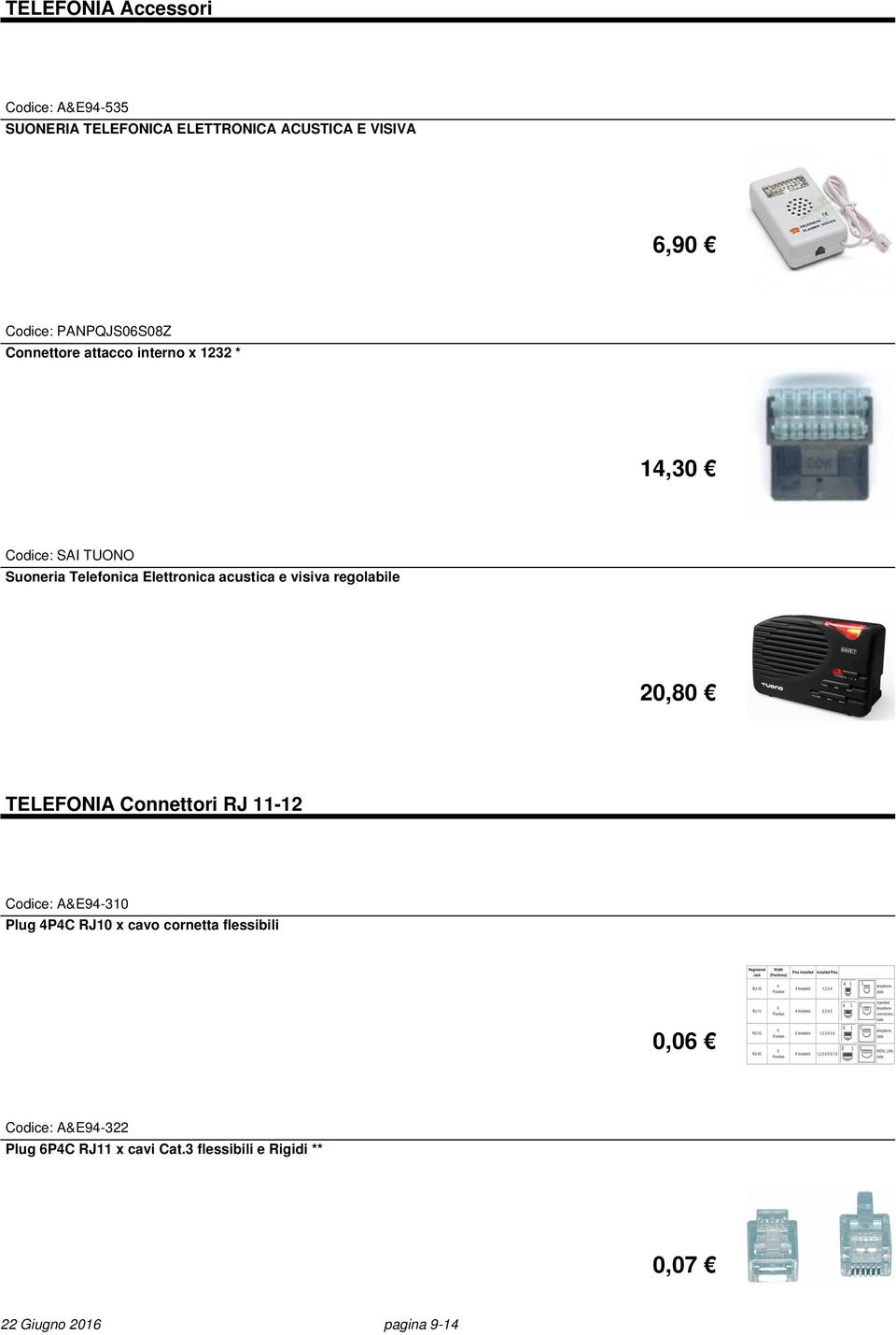acustica e visiva regolabile 20,80 TELEFONIA Connettori RJ 11-12 Codice: A&E94-310 Plug 4P4C RJ10 x cavo