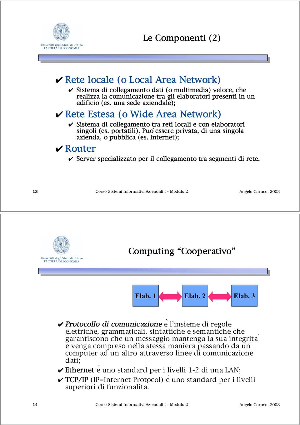 Internet); Router Server specializzato per il collegamento tra segmenti di rete. 13 Corso Sistemi Informativi Aziendali I - Modulo 2 Computing Cooperativo Elab. 1 Elab. 2 Elab.