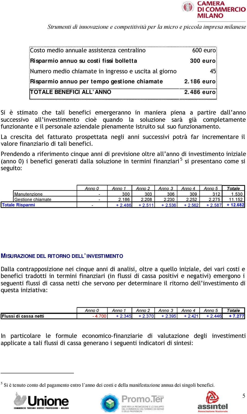 486 euro Si è stimato che tali benefici emergeranno in maniera piena a partire dall anno successivo all investimento cioè quando la soluzione sarà già completamente funzionante e il personale