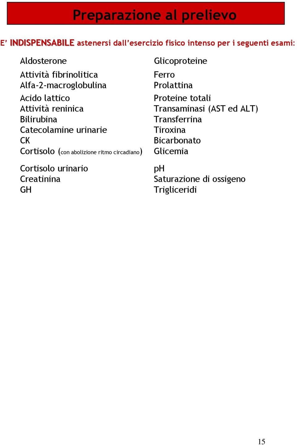 Attività reninica Transaminasi (AST ed ALT) Bilirubina Transferrina Catecolamine urinarie Tiroxina CK Bicarbonato