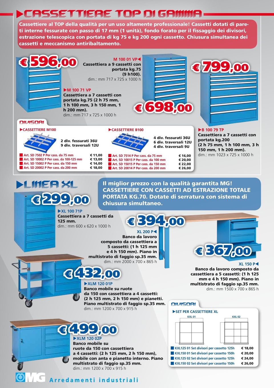 Chiusura simultanea dei cassetti e meccanismo antiribaltamento. 596,00 M 100 01 vp Cassettiera a 9 cassetti con portata kg.75 (9 h100). dim.
