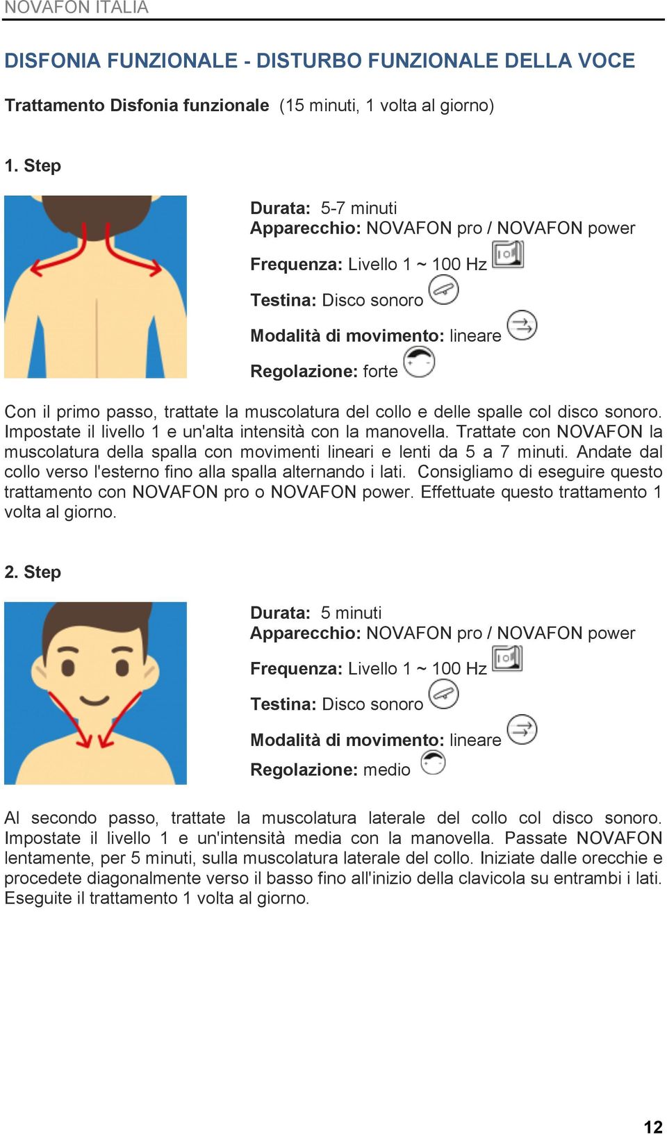 Andate dal collo verso l'esterno fino alla spalla alternando i lati. Consigliamo di eseguire questo trattamento con NOVAFON pro o NOVAFON power. Effettuate questo trattamento 1 volta al giorno.