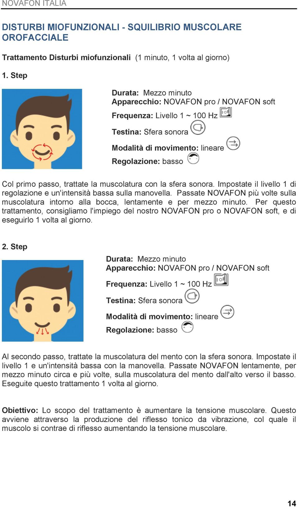 Passate NOVAFON più volte sulla muscolatura intorno alla bocca, lentamente e per mezzo minuto.