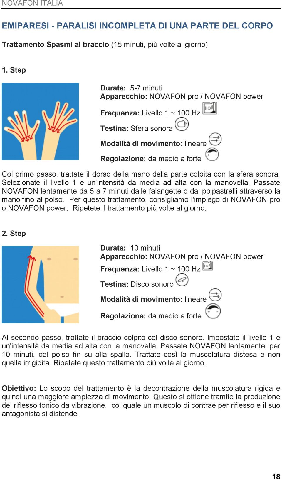 Passate NOVAFON lentamente da 5 a 7 minuti dalle falangette o dai polpastrelli attraverso la mano fino al polso. Per questo trattamento, consigliamo l'impiego di NOVAFON pro o NOVAFON power.