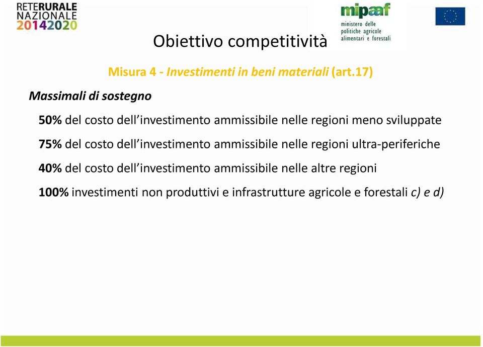 sviluppate 75% del cst dell investiment ammissibile nelle regini ultra-periferiche 40% del