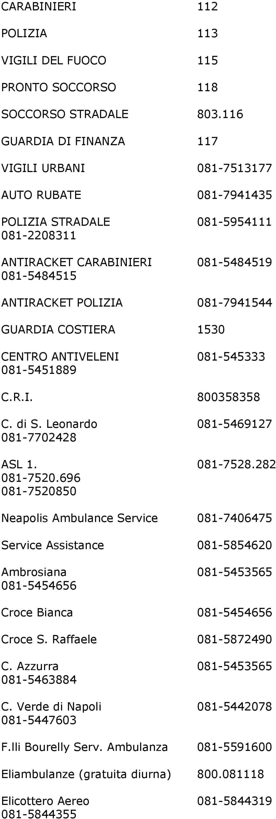 GUARDIA COSTIERA 1530 CENTRO ANTIVELENI 081-545333 081-5451889 C.R.I. 800358358 C. di S. Leonardo 081-5469127 081-7702428 ASL 1. 081-7528.282 081-7520.