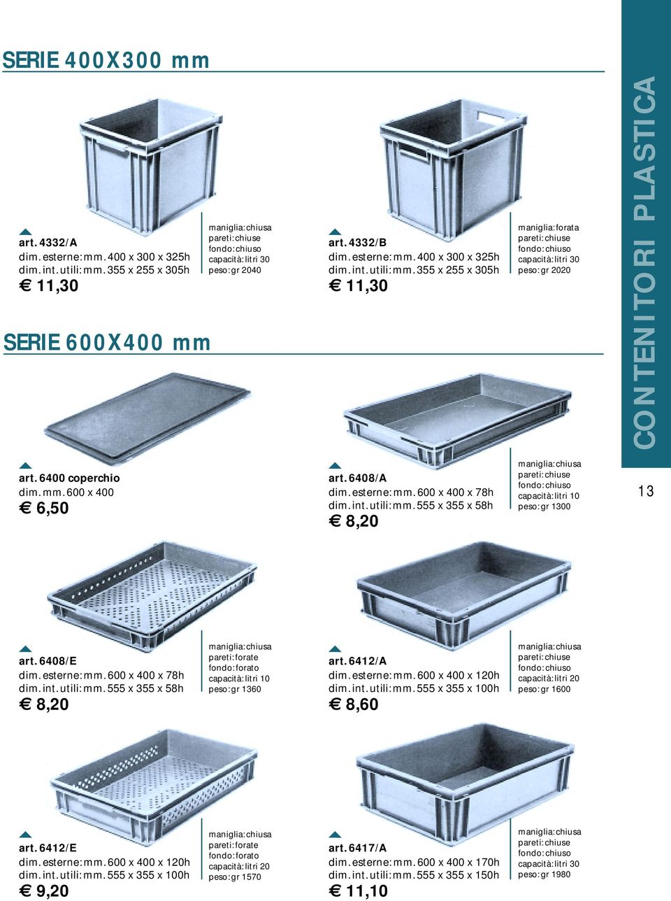 6412/A dim. esterne: mm. 600 x 400 x 120h dim. int. utili: mm. 555 x 355 x 100h 8,60 capacità: litri 20 peso: gr 1600 art. 6412/E dim. esterne: mm. 600 x 400 x 120h dim. int. utili: mm. 555 x 355 x 100h 9,20 pareti: forate fondo: forato capacità: litri 20 peso: gr 1570 art.