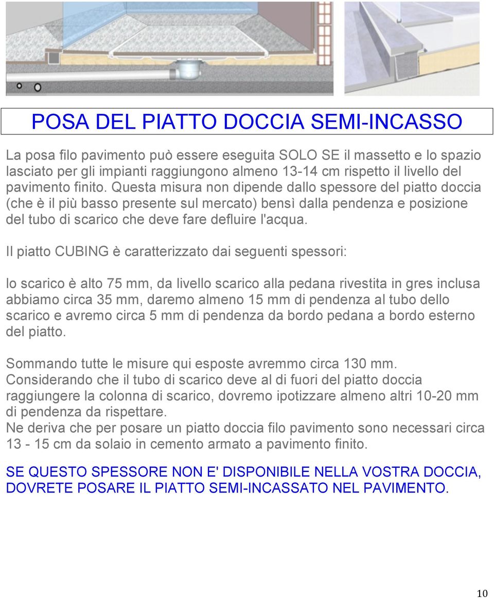 Il piatto CUBING è caratterizzato dai seguenti spessori: lo scarico è alto 75 mm, da livello scarico alla pedana rivestita in gres inclusa abbiamo circa 35 mm, daremo almeno 15 mm di pendenza al tubo