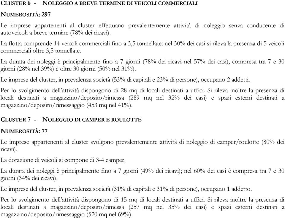 La durata dei noleggi è principalmente fino a 7 giorni (78% dei ricavi nel 57% dei casi), compresa tra 7 e 30 giorni (28% nel 39%) e oltre 30 giorni (50% nel 31%).