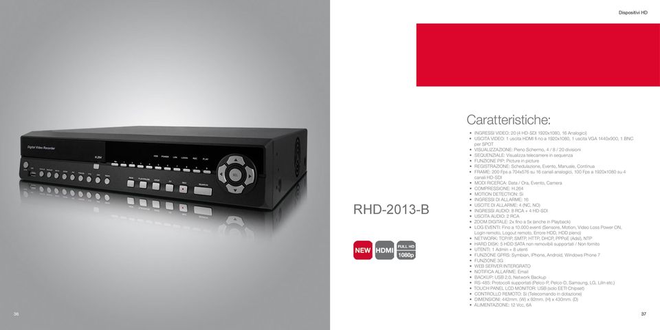 Fps a 1920x1080 su 4 canali HD-SDI MODI RICERCA: Data / Ora, Evento, Camera COMPRESSIONE: H.