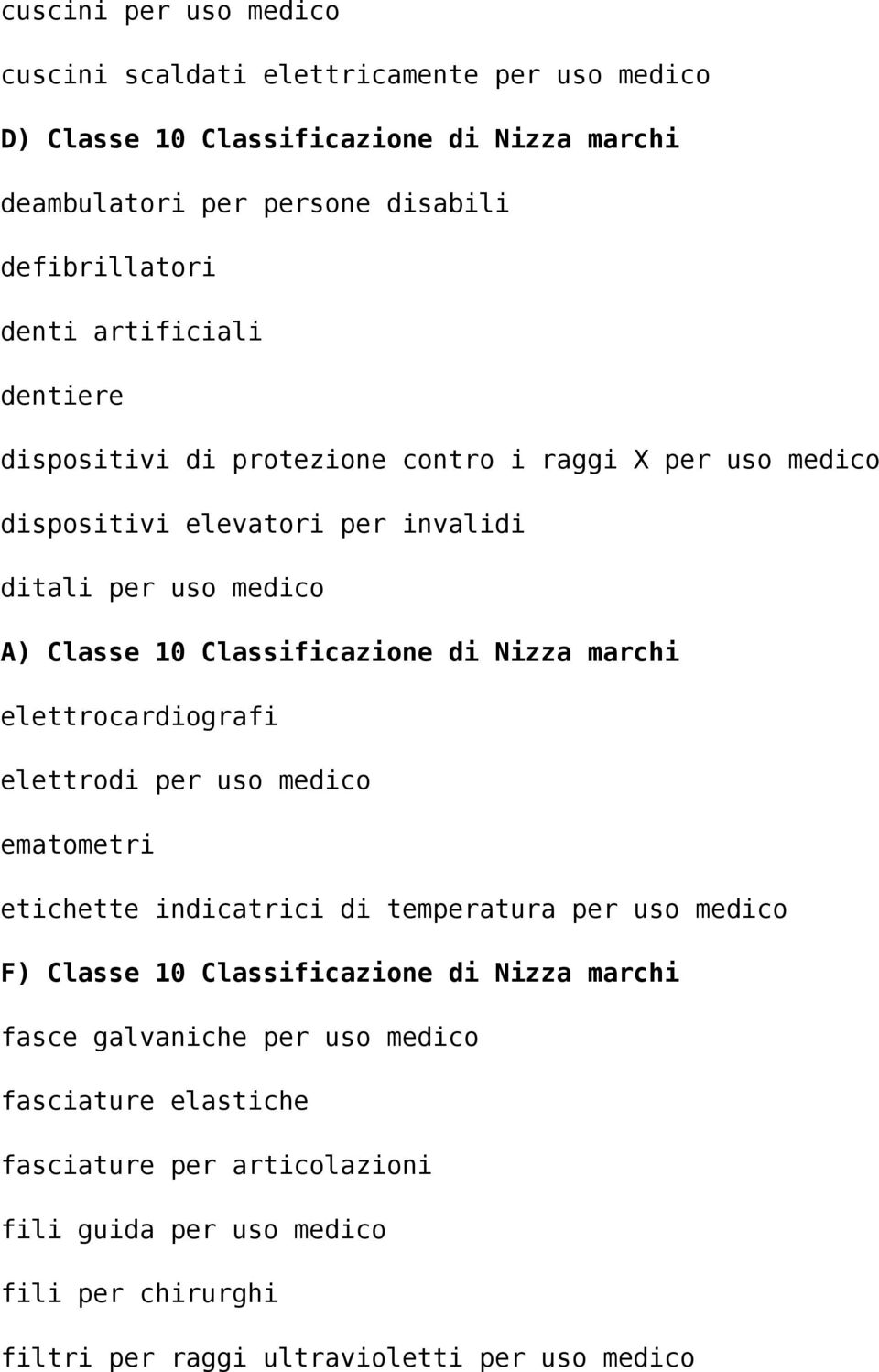 Classificazione di Nizza marchi elettrocardiografi elettrodi per uso medico ematometri etichette indicatrici di temperatura per uso medico F) Classe 10 Classificazione