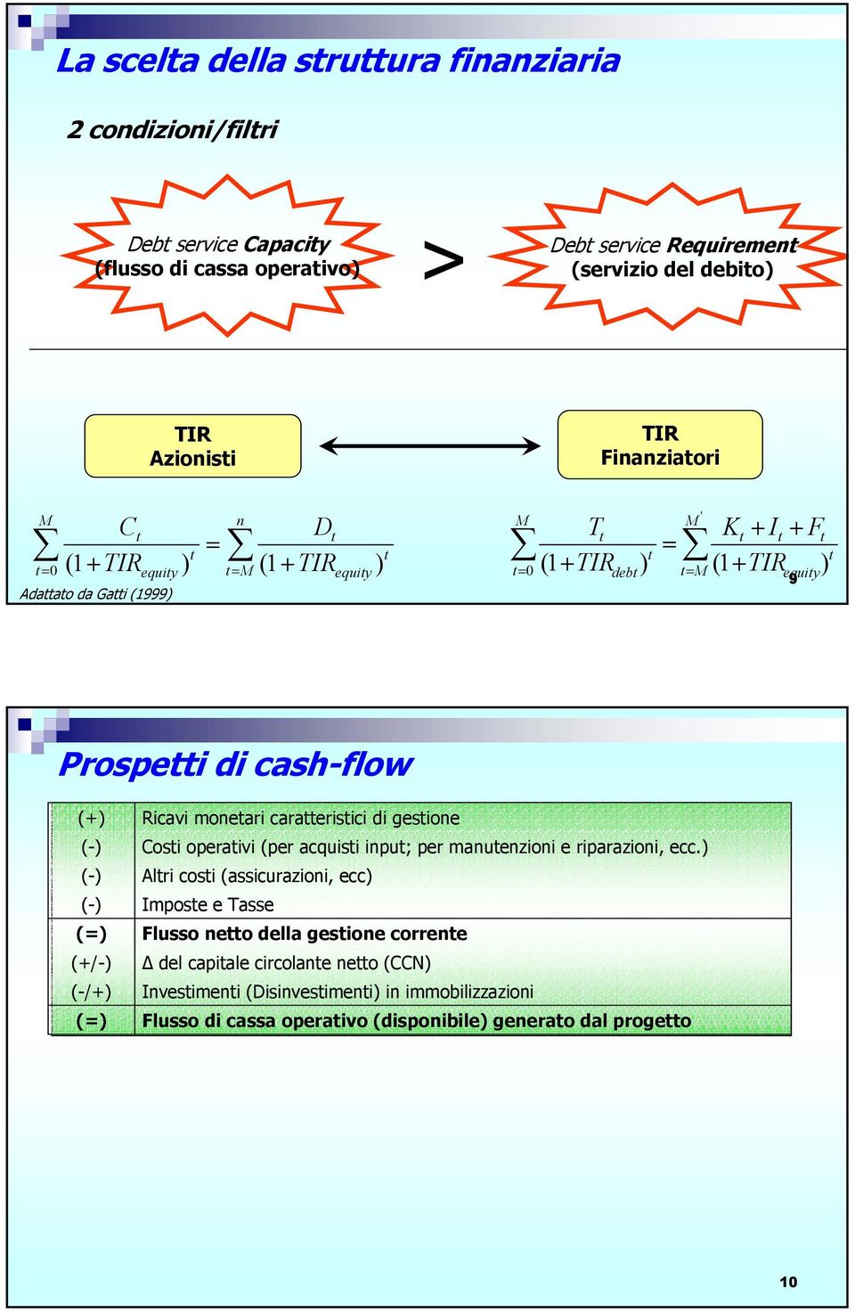 di cash-flow (+) (+/-) (-/+) Ricavi monetari caratteristici di gestione Costi operativi (per acquisti input; per manutenzioni e riparazioni, ecc.