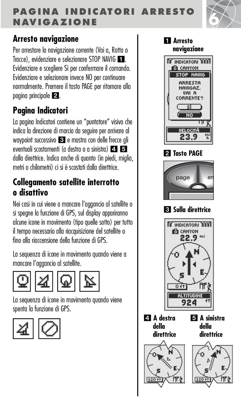 Pagina Indicatori La pagina Indicatori contiene un puntatore visivo che indica la direzione di marcia da seguire per arrivare al waypoint successivo e mostra con delle frecce gli eventuali