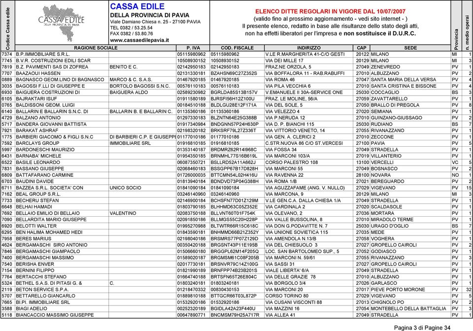 RABUFFI 27010 ALBUZZANO PV 2 0889 BAGNASCO GEOM.LINO DI BAGNASCO MARCO & C. S.A.S. 01467920185 01467920185 VIA ROMA 46 27047 SANTA MARIA DELLA VERSA PV 4 3035 BAGOSSI F.