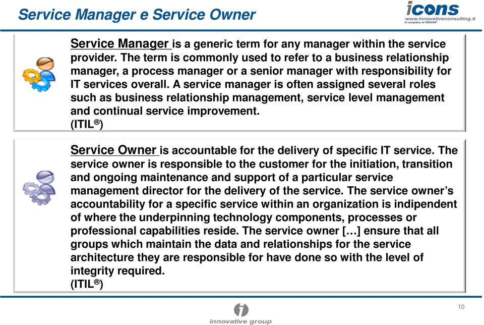 A service manager is often assigned several roles such as business relationship management, service level management and continual service improvement.