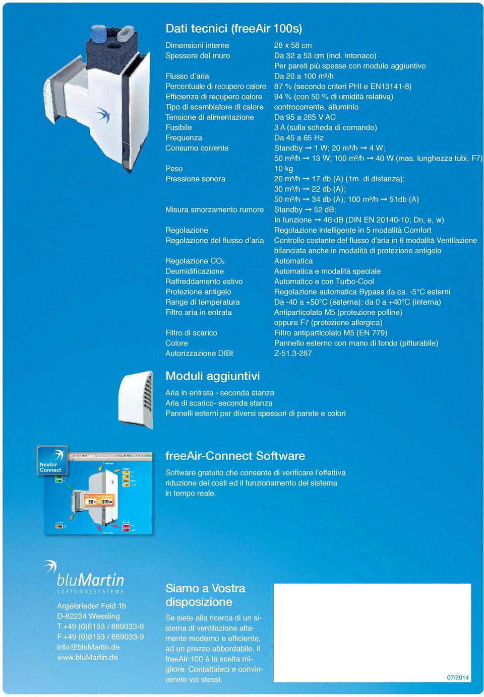 di umidità relativa) Tipo di scambiatore di calore controcorrente, alluminio Tensione di alimentazione Da 95 a 265 V AC Fusibile 3 A (sulla scheda di comando) Frequenza Da 45 a 65 Hz Consumo corrente