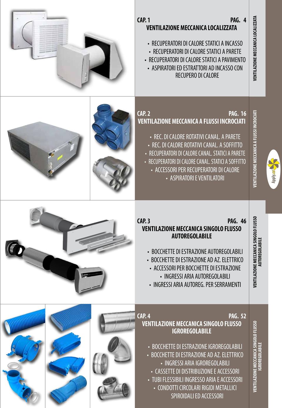 CON RECUPERO DI CALORE VENTILAZIONE MECCANICA LOCALIZZATA CAP. 2 PAG. 16 VENTILAZIONE MECCANICA A FLUSSI INCROCIATI REC. DI CALORE ROTATIVI CANAL. A PARETE REC. DI CALORE ROTATIVI CANAL. A SOFFITTO RECUPERATORI DI CALORE CANAL.